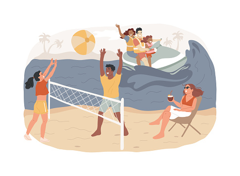 Summer beach activities isolated concept vector illustration. Beach club activities, family vacation, volleyball, jet ski rental, surfing and diving classes, lounge service vector concept.