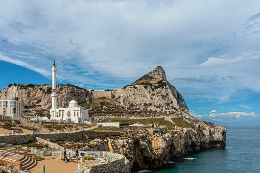 The Ibrahim-al-Ibrahim Mosque, aka the King Fahd bin Abdulaziz al-Saud Mosque aka the Mosque of the Custodian of the Two Holy Mosques, at Europa Point, Gibraltar, overlooking the Strait of Gibraltar