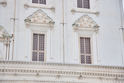 Astrakhan, Russia. - May 07, 2023: The Old city center. Astrakhan Kremlin of the 16th century. Christian church on the territory, close-ups of architectural details