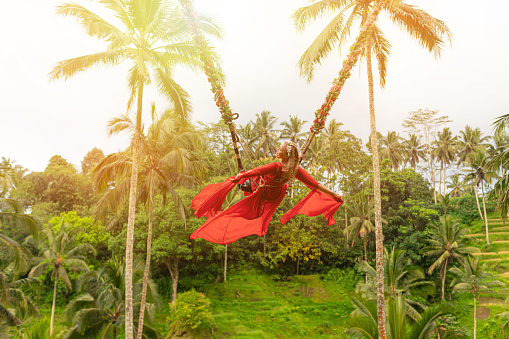 Photo of woman with long swing and forest view. Young woman swinging in the jungle rainforest of Bali island, Indonesia. Swing in the tropics. Women sit on swings at a height of more than twenty meters in Indonesia Bali Province.