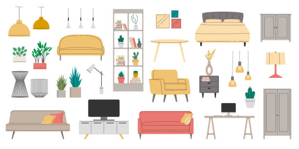 현대적인 홈 인테리어 디자인을 위한 가구 세트입니다. 컬렉션 트렌디 한 집 장식, 소파, 의자, 안락 의자, 침대, 침대 옆 탁자, 플랫 스타일의 테이블. 아파트 객실 품목. 벡터 일러스트 레이 션 - curbstone stock illustrations