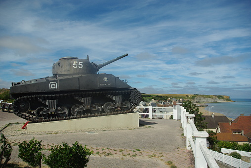 world war two Sherman tank as a memorial at Arromanches-les-Bains 2 august 2022, france