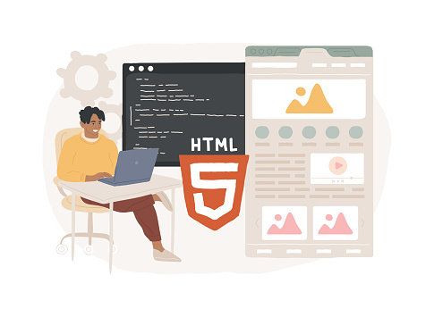 HTML5 website development isolated concept vector illustration. HTML5 development, website design element, menu bar, responsive landing page, user experience vector concept.