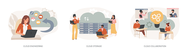 Cloud-based computing isolated concept vector illustration set. Cloud engineering, storage and collaboration, hosted data storage, database security, remote business solutions vector concept.