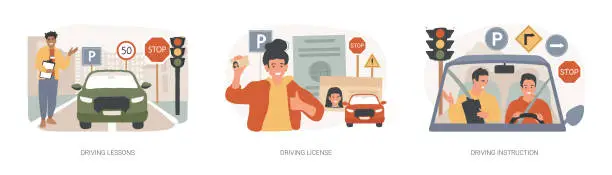 Vector illustration of Driving school isolated concept vector illustration set.