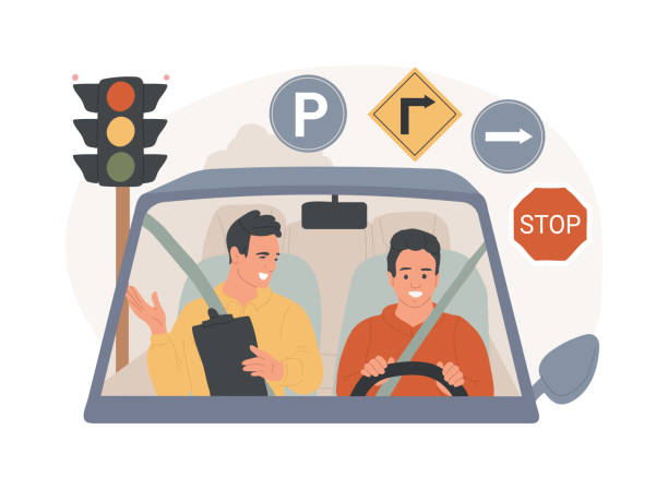 Driving instruction isolated concept vector illustration. Driving instruction isolated concept vector illustration. Driving education, advanced practice, all level lessons, driver training, certified instructor, instruction course vector concept. road cartoon image stock illustrations