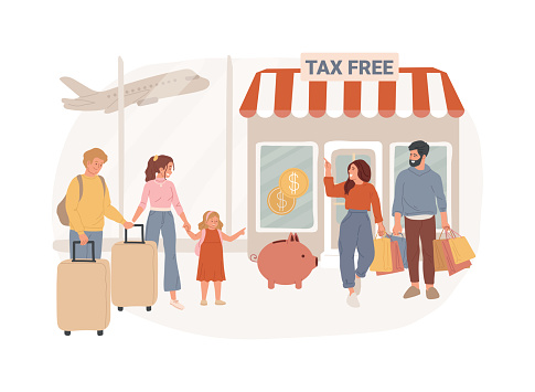 Tax free service isolated concept vector illustration. VAT free trading, refunding VAT services, duty free zone, airport shopping, buying goods abroad, tax refund program vector concept.