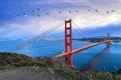 A sweeping view of the Golden Gate Bridge, Marin Headlands, San Francisco Bay, and the city skyline.