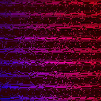 Full frame purple - red circuit board electronics dark background pattern.