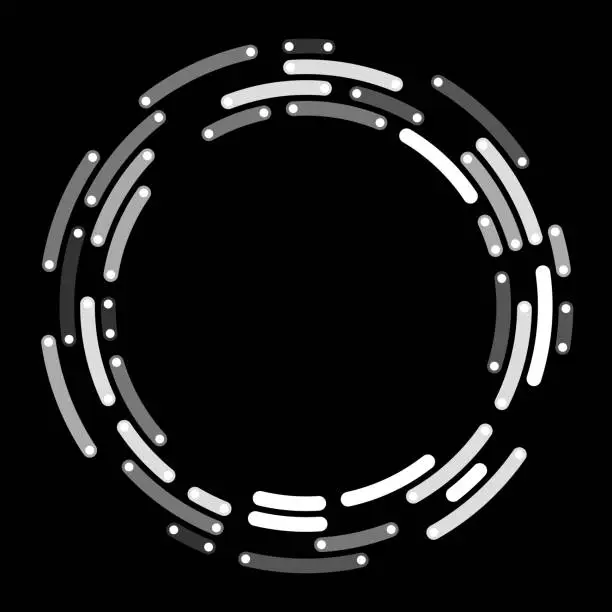 Vector illustration of Grayscale arc sections with white circle endings, around copy space on black