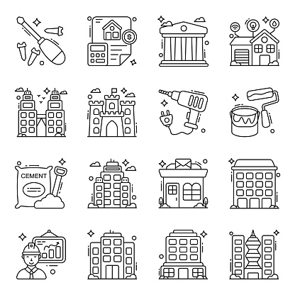 A linear icon set featuring construction tools. This set includes vectors available for download and edit. These Architectural Icons are sure to add some grandeur to your design project.