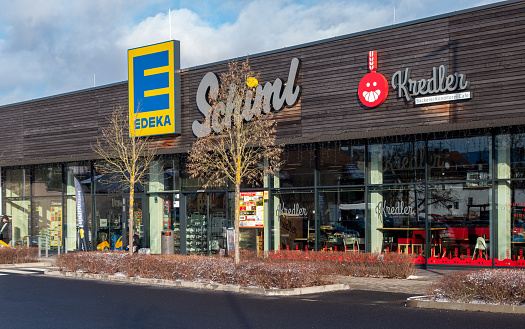 Hirschau, Germany - January 19, 2024: Store of the German supermarket corporation EDEKA in the little Bavarian town Hirschau. EDEKA was founded in 1898 and is headquartered in Hamburg.
