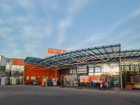 Neumarkt, Germany - December 19, 2023: Entrance of the OBI garden center in Neumarkt, Germany. OBI is a German chain of home improvement stores that was founded in 1970 and is headquartered in Wermelskirchen, Germany.