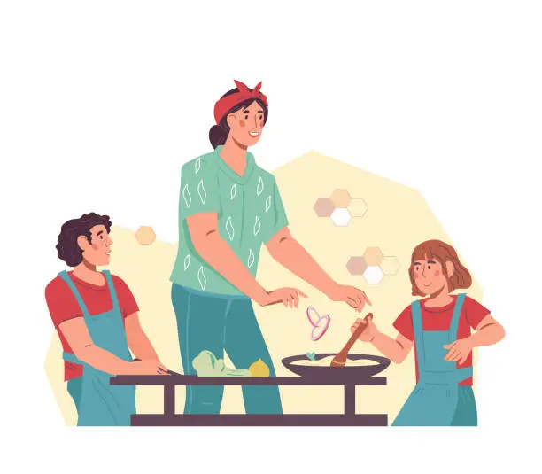 Vector illustration of Children cooking with mother. Cooking with mom a way to bond with children.