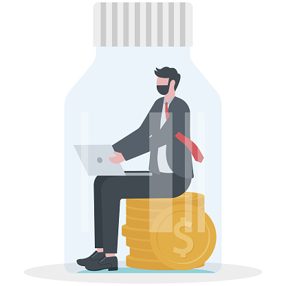 Freedom Concept. businessman working trapped inside of bottle