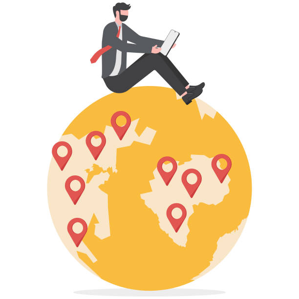 ilustrações de stock, clip art, desenhos animados e ícones de businessmen searching locations with mobile phone gps. location, online marketing - people traveling global positioning system travel mobile phone