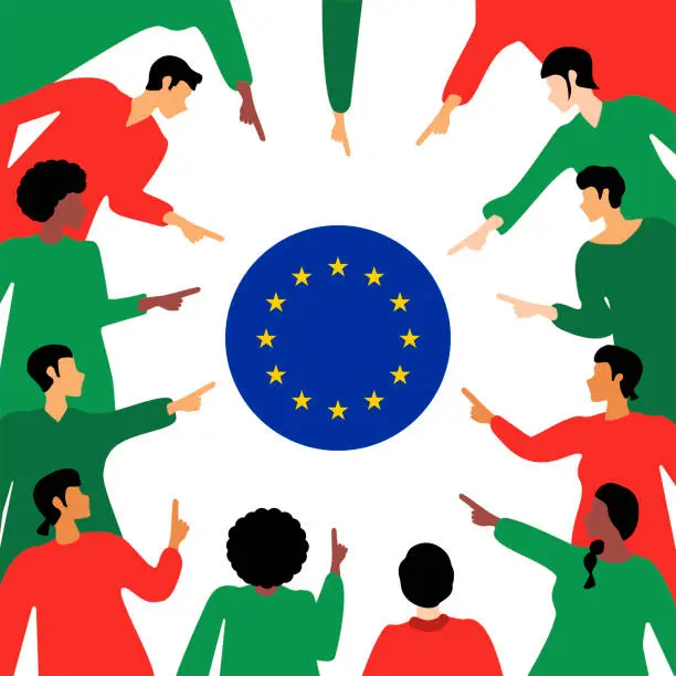 Vector illustration of Support for Palestine. European Union and Palestine. EU and Palestine. Palestinian immigrants and refugees. Polestine crisis. EU humanitarian assistance to Palestine. Humanitarian aid from Europe. Palestinian territories. Political alliance.