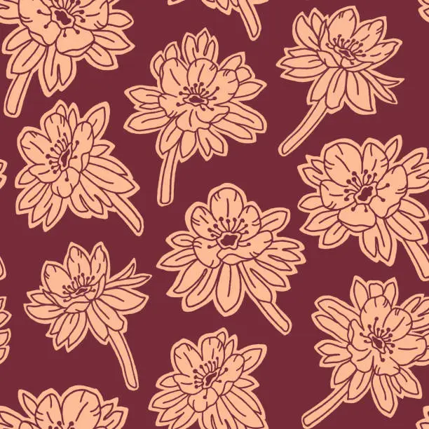 Vector illustration of Winter Aconite, Eranthis Hyemalis Flower Seamless Vector Pattern in Peach Fuzz Color for Textile Wallpaper Wrapping Paper