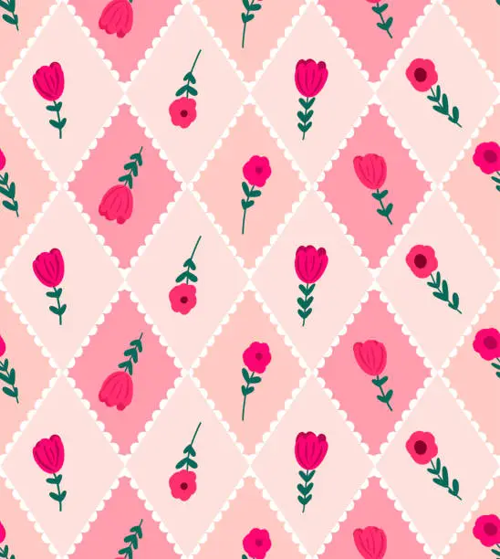 Vector illustration of Valentine's Day Flowers Argyle With Lacey Edges Seamless Pattern