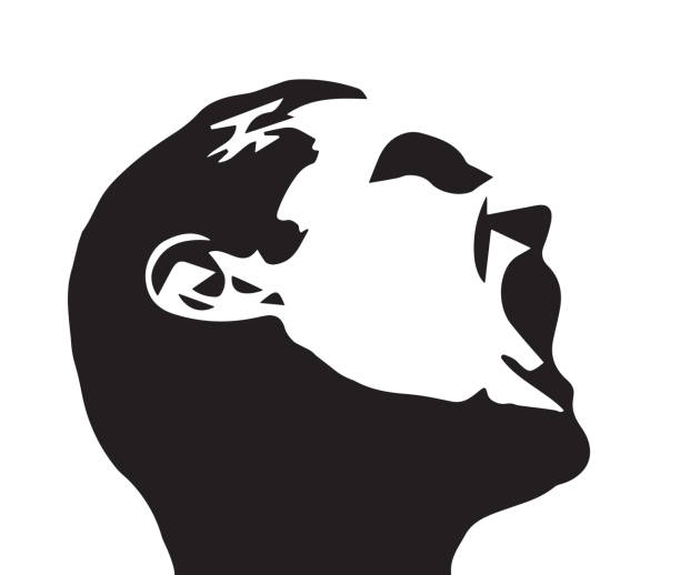 Man shouts towards the sky with open mouth Man lifts his head and shouts with open mouth. open grave stock illustrations