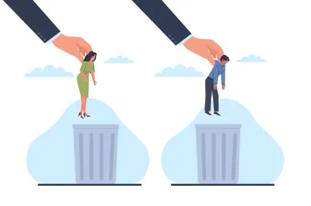 Vector illustration of Businessman's big hand throws woman and man in garbage. Fired people. Unnecessary persons disposal. Dismiss employees. Work loss and failure. Unhappy workers in rubbish bin. Vector concept