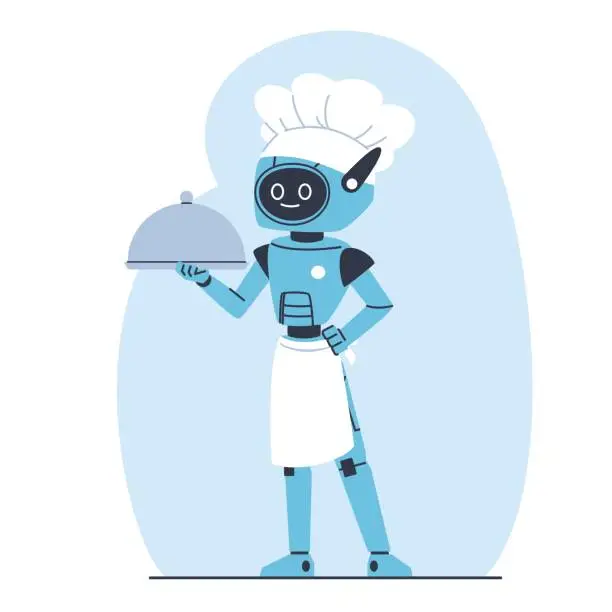 Vector illustration of Robot chef holding serving tray. Cooking machine. AI innovation. Futuristic technology. Cyborg carrying meal. Automatic waiter. Cook hat and apron. Smart assistance. Vector concept
