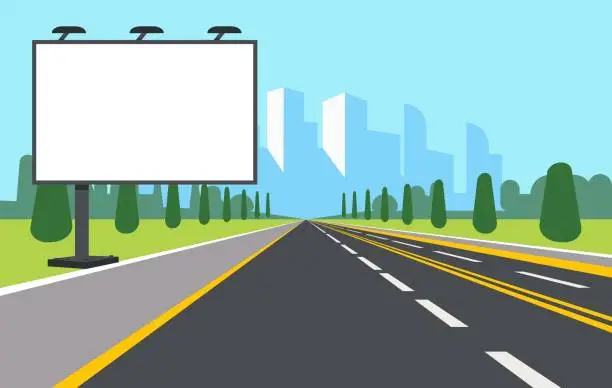Vector illustration of Big white banner by roadside. Road billboard. Urban building. Transport highway. Way to city. Downtown landscape. Information board. Advertising signage. Commercial placard. Vector concept