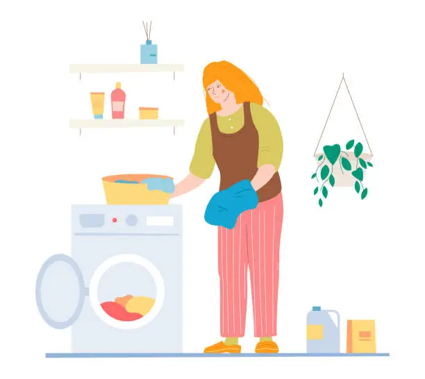 Vector illustration of Cleaning things in the washing machine - colored vector illustration