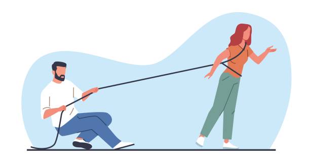 Man uses rope to restrain woman. Male controlling female. Constraint and pressure. Couple relationship. Marriage shackles. Psychological dependence. Guy pulling cable. Vector concept Man uses rope to restrain woman. Male controlling unhappy female. Constraint and pressure. Couple relationship problem. Marriage shackles. Psychological dependence. Guy pulling cable. Vector concept ropes tied together stock illustrations