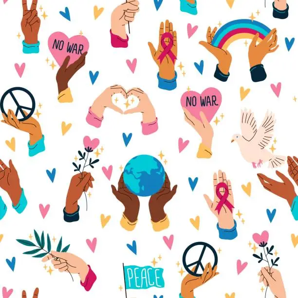 Vector illustration of Seamless pattern with human hands. Peace and hippie symbols. Repeated print. Solidarity ribbon in arms. Peaceful dove. Fingers holding rainbow. Flower and plant branch. Vector background