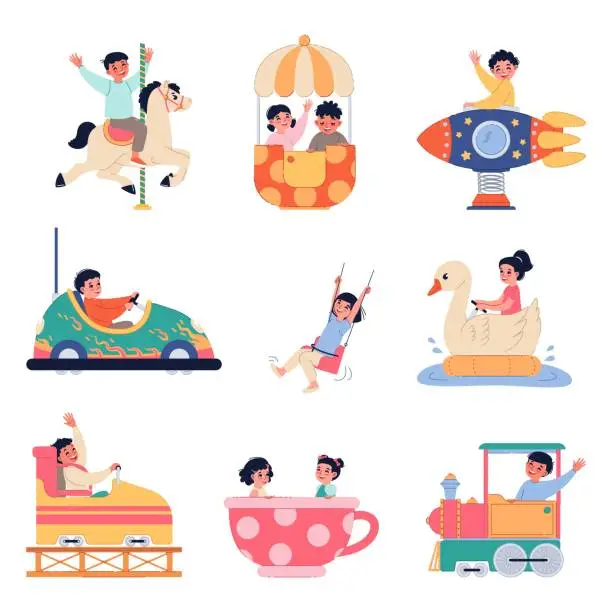 Vector illustration of Kids in amusement park. Children riding on different carousels. Girl and boys in attractions. People having fun. Rollercoaster and merry-go-round. Ferris wheel. Splendid vector set