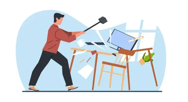 Vector illustration of Man hits his workplace with hammer. Office stress. Employee breaking desk and computer. Furious businessman. Aggressive male. Table smash. Worker destroying PC monitor. Vector concept