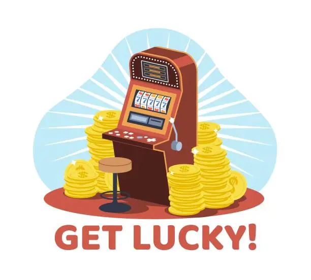 Vector illustration of Try your luck with slot machine at casino. Stack of golden coins. Gambling poster. Online bingo game. 777 jackpot. Winner prize. Promotional card. Cartoon flat isolated vector concept