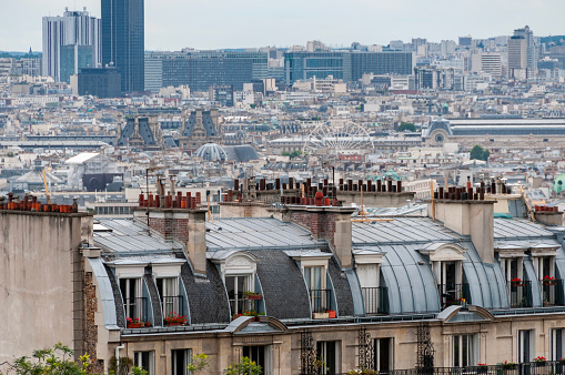 typical zinc roofs of townhouses and apartment buildings in Paris with red stone chimneys, La Defence in the background