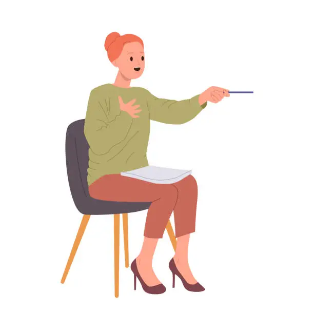 Vector illustration of Woman school psychologist sitting on chair holding pen and talking holding therapeutic session
