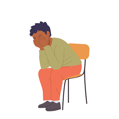 Upset sad boy school child cartoon character sitting on chair covering face with hands crying feeling unhappy vector illustration. Children emotional stress, psychological problem and anxiety states