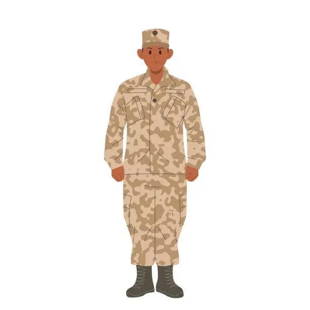 Vector illustration of Brave serious man sergeant cartoon character wearing military camouflage isolated on white