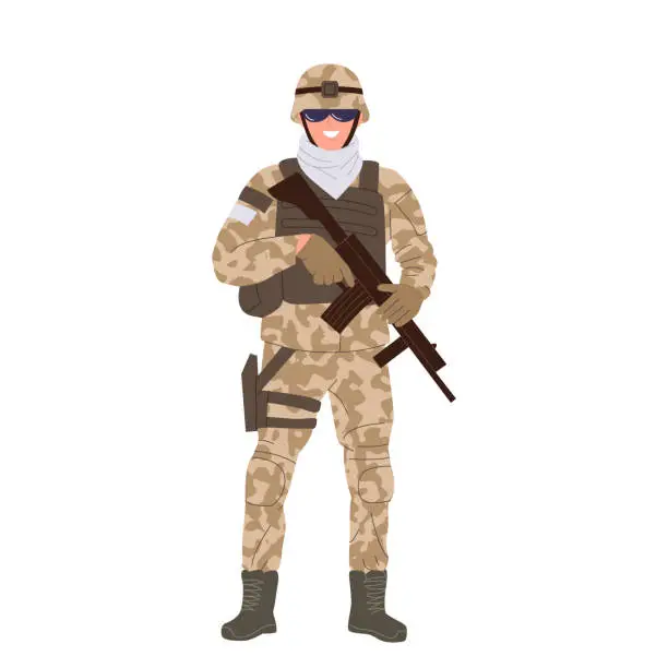 Vector illustration of Sniper man cartoon character wearing military camouflage and bulletproof vest holding riffle
