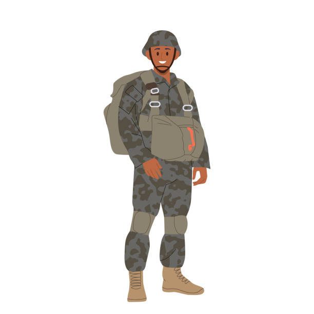 ilustraciones, imágenes clip art, dibujos animados e iconos de stock de personaje de dibujos animados del soldado militar del soldado de infantería valiente sonriente feliz con uniforme de camuflaje - equipped