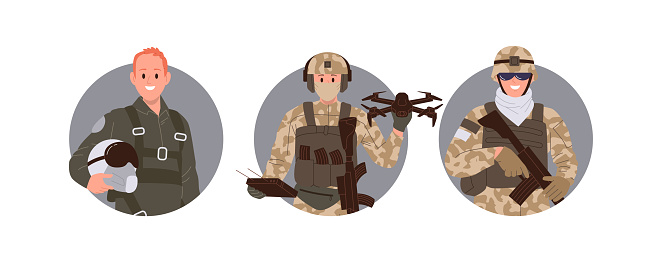 Isolated round icon composition with infantryman, air force pilot and soldier drone operator cartoon characters. Military men avatar vector illustration. Special operation unit of national army
