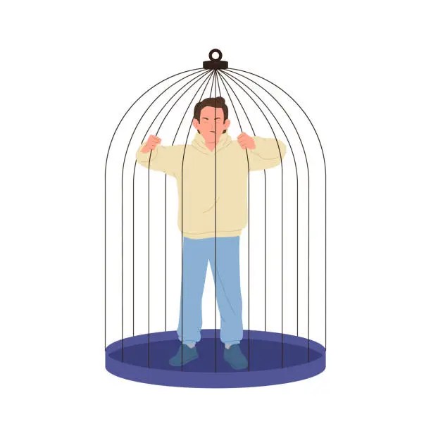 Vector illustration of Angry man cartoon character inside bird cage holding bars and screaming yelling feeling furious