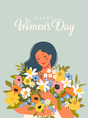 Cute woman holding a bouquet of flowers in her hands. Spring holiday vector illustration in Scandinavian simple style. Hand drawn cartoon romantic girl in a dress. International women day