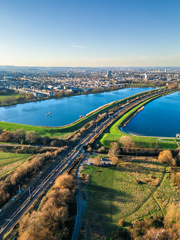 Aerial view, taken by drone, depicting Walthamstow Wetlands in London, UK. Walthamstow Wetlands is a 211-hectare nature reserve in Walthamstow, east London, adjacent to the historic Essex-Middlesex border on the River Lea.