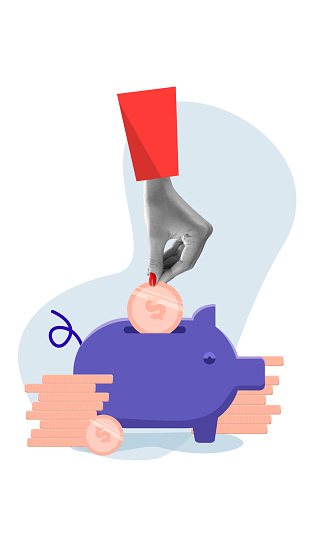 Contemporary art collage. Unrecognizable woman saving money and put it to money box pig. Concept of business, financial literacy, spending money, earning, wealth, banking, salary. Ad