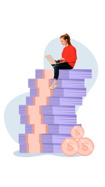 istock Contemporary art collage. Young woman, entrepreneur working online and sitting on stack of money which fast growthy. 1952564591