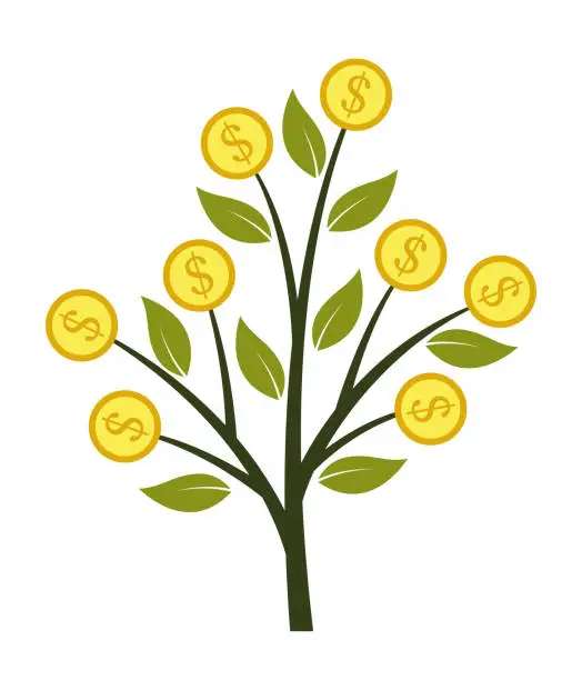 Vector illustration of Vector flat money tree with coins isolated on white background