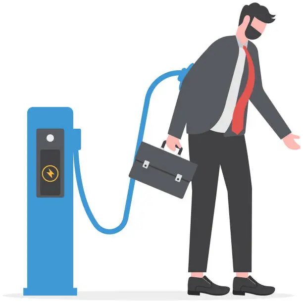 Vector illustration of Businessman charging from energy station. Businessman low energy concept
