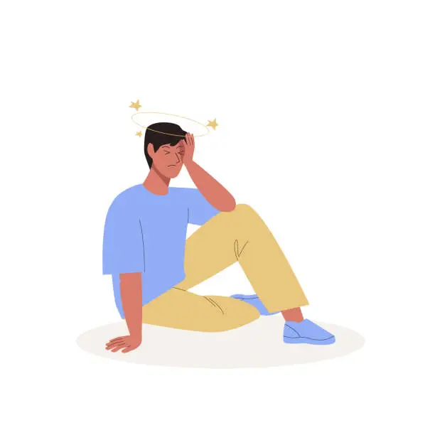 Vector illustration of Young man sits on the ground with a head injury after accidental fall