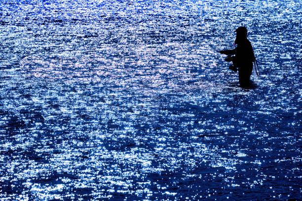 Fishermen silhouettes at coastline before dawn