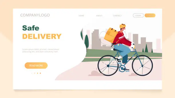 Vector illustration of Safe delivery concept, bike delivery service, male courier character wearing mask riding bicycle with delivery box landing page. Bicycle courier on city landscape. Vector illustration in flat style.